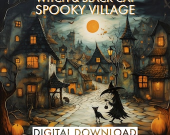 Wiedźma i czarny kot – upiorna wioska, wydruk: sztuka ludowa na Halloween (pobranie cyfrowe)