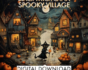 Straszna wioska, czarny kot, wydruk artystyczny na Halloween (pobranie cyfrowe)