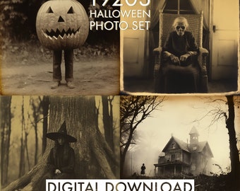 May include: A digital download set of four vintage-style Halloween photos. The photos feature a child in a jack-o'-lantern costume, an elderly woman sitting in a chair, a woman in a witch's hat in a forest, and a spooky house in the fog. The text "1920s HALLOWEEN PHOTO SET" is at the top of the image, and the text "DIGITAL DOWNLOAD" is at the bottom.