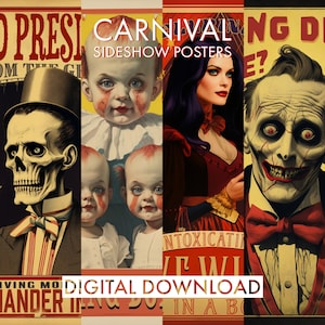 DRUCKBARE Karneval Sideshow Poster Galerie Set v2 | Zirkus Karneval Poster | Freak Show Poster | Zirkusart | Gruselige Faschingsposter