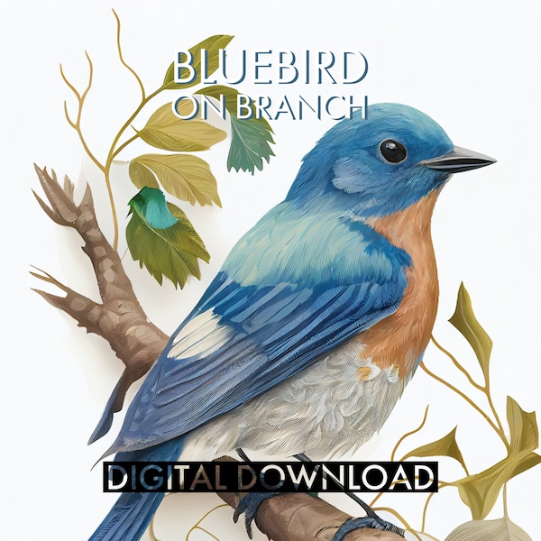 PRINTABLE Bluebird on a Branch | Bluebird Wall Art Print | Bluebird Digital Download | Bluebird Decor | Home Decor | Bird Art | Botanical