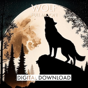 PRINTABLE Wolf Silhouette Howling at Full Moon v1 | Wolf Wall Art | Full Moon Wall Art | Wildlife Art Print | Nature Art | Howling Wolf Art