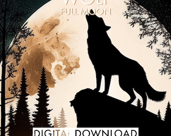PRINTABLE Wolf Silhouette Howling at Full Moon v1 | Wolf Wall Art | Full Moon Wall Art | Wildlife Art Print | Nature Art | Howling Wolf Art