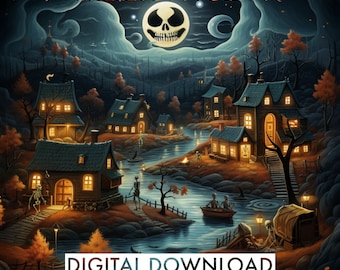 PRINTABLE Skeleton Town Wall Art | Creepy Town Scene | Halloween Print | Spooky Skeleton Art | Halloween Skeleton Artwork | Skeleton Art
