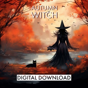 PRINTABLE Autumn Witch with Black Cat | Halloween Art | Autumn Decor | Witch Wall Art | Spooky Season | Fall | Seasonal | Black Cat