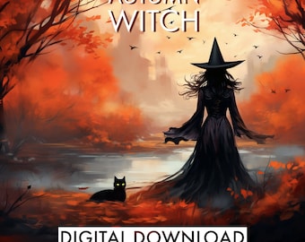 DO DRUKU Jesienna czarownica z czarnym kotem | Sztuka Halloween | Dekoracje jesienne | Sztuka ścienna czarownicy | Straszny sezon | Jesień | Sezonowe | Czarny kot