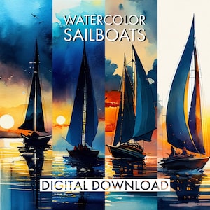 PRINTABLE 4 Print Set of Watercolor Sailboats | Sailboat Wall Art | Watercolor Art | Nautical Print Art | Marine Wall Art | Coastal Wall Art