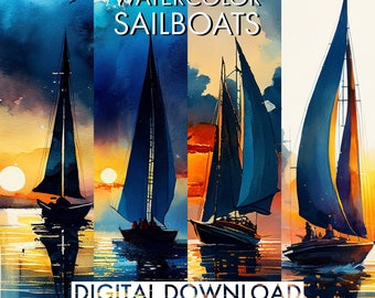 PRINTABLE 4 Print Set of Watercolor Sailboats | Sailboat Wall Art | Watercolor Art | Nautical Print Art | Marine Wall Art | Coastal Wall Art
