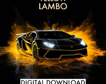 AFDRUKBARE gele Lamborghini digitale download | Neonafdrukken | Neon lambo | Slaapkamerposter | Slaapkamerafdruk | Kinderkamer | Rode auto | Sportwagen