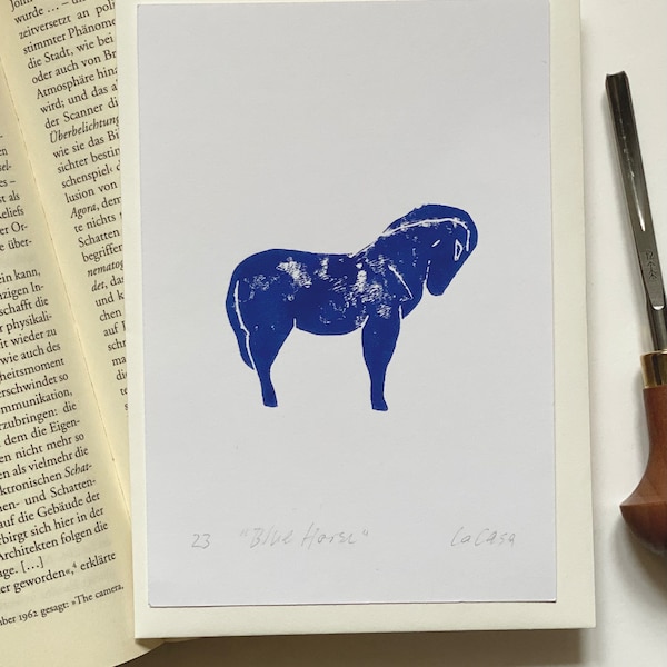 Blue horse - lino print - greeting card - DIN A6