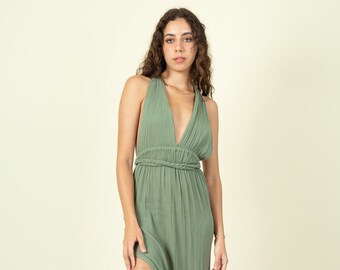 Robe infini vert sauge, robe bohème pour femme invitée à un mariage, robe de déesse grecque, robe de demoiselle d'honneur, robe de cocktail dos nu, robe dos nu