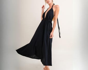Black Greek Goddess Dress, Open Back Style Dress, Maxi Dress for Beach Crusie, and Resort Vacations.