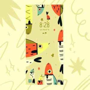 May include: A smartphone lock screen with a yellow background and a pattern of colorful fish. The time is 8:28 and the date is Sat, March 18. The text "Swipe to open" is at the bottom of the screen.