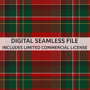 May include: A seamless digital file featuring a classic plaid pattern in red, green, and black. White and yellow lines intersect to create the plaid design. The text "DIGITAL SEAMLESS FILE INCLUDES LIMITED COMMERCIAL LICENSE" is displayed across the image.