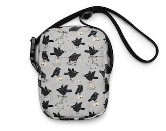 Jewel Thief Crows - Mini Crossbody Unisex Bag - [color: fog - light blue gray]