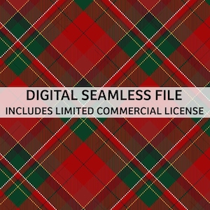 May include: A digitally created seamless pattern with a traditional tartan design in red, green, and white. The image includes the text "DIGITAL SEAMLESS FILE" and "INCLUDES LIMITED COMMERCIAL LICENSE". Ideal for digital applications, the pattern has a classic appeal.