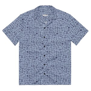 May include: Light blue button-down shirt with a repeating pattern of fantasy-themed illustrations. The design includes bows, arrows, dice, potions, and other gaming elements. The shirt has short sleeves and a classic collar.