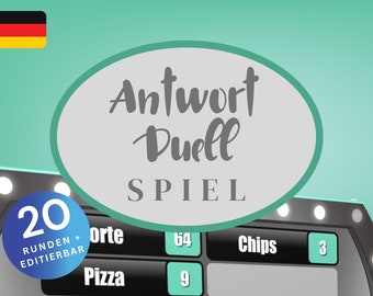 May include: A game board with the title "Antwort Duell Spiel" in a white oval with a teal border. The board has a black background with white text and numbers. The board has three categories: "Chips", "Pizza", and "orte". The numbers in each category are 3, 9, and 64. There is a blue circle with the number 20 and the text "RUNDEN + EDITIERTBAR" in white.