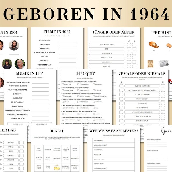 60 Geburtstagsspiel Geboren in 1964 Spiele Bundle | Druckbares 60 Jahre Geburtstag Party Spiel | 1964 Geburtstag Quiz Spiel, Bingo, Quiz