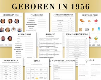 May include: A collection of printable party games with the title "GEBOREN IN 1956" in large, bold, black text. The games include quizzes, bingo, and other activities, all in black text on white paper.