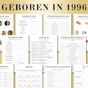 Op de afbeelding: Een verzameling afdrukbare spelvellen met de titel "GEBOREN IN 1996" in grote zwarte tekst. De vellen bevatten quizzen, bingo en andere spellen gerelateerd aan het jaar 1996, met een gouden achtergrond.