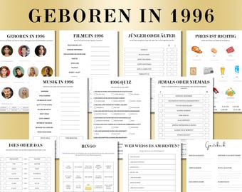 May include: A collection of printable game sheets with the title "GEBOREN IN 1996" in large black text. The sheets include quizzes, bingo, and other games related to the year 1996, with a gold background.