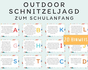May include: A colorful set of 20 clue cards for an outdoor scavenger hunt. The cards are decorated with summer-themed illustrations and feature the letters A through T. The text on the cards reads "Outdoor Schnitzeljagd zum Schulfanfang" which translates to "Outdoor Scavenger Hunt for the Start of School".