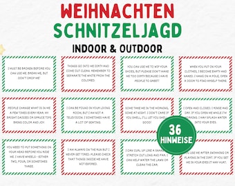 May include: A set of 36 Christmas scavenger hunt clues printed on red and green striped cards. The cards are arranged in a grid with the text "Weihnachten Schnitzeljagd Indoor & Outdoor" at the top. The clues are written in German.