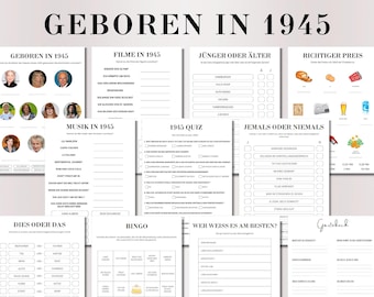 May include: A set of printable game cards for a party celebrating someone born in 1945. The cards feature various games like "Born in 1945", "Movies in 1945", "Music in 1945", "1945 Quiz", "Younger or Older", "Never Have I Ever", "This or That", "Bingo", "Who Knows Best?", and "Guestbook".