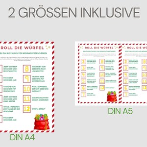 May include: A printable game board for a Christmas gift exchange game. The game board is red and white with a Santa sack illustration. The game board is titled "Roll the Dice" and includes instructions for playing the game. The game board is available in two sizes: DIN A4 and DIN A5.