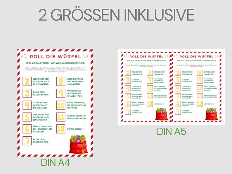 May include: A printable game board for a Christmas gift exchange game. The game board is red and white with a Santa sack illustration. The game board is titled "Roll the Dice" and includes instructions for playing the game. The game board is available in two sizes: DIN A4 and DIN A5.