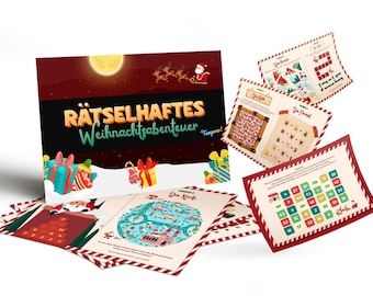 May include: A Christmas-themed game called "Rätselhaftes Weihnachtsabenteuer" with a red, white, and green color scheme. The game includes a map, a grid, and a number of other puzzles.