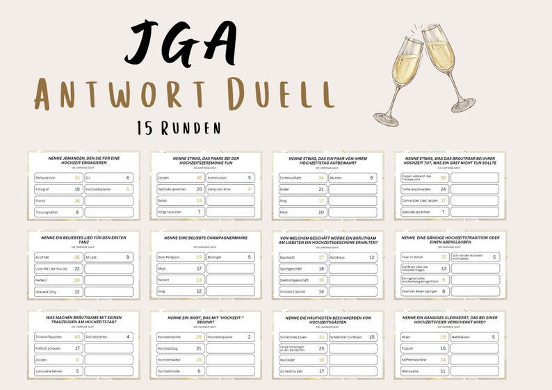 Peut inclure: Un jeu imprimable pour une f&ecirc;te de mariage ou un enterrement de vie de jeune fille. Le jeu s'appelle "Duel de r&eacute;ponses" et comporte 15 tours. Chaque tour propose une question sur les mariages, comme "Nommez une chanson populaire pour la premi&egrave;re danse" ou "Nommez une marque de champagne populaire".