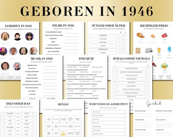 May include: A collection of printable party games with the text "GEBOREN IN 1946" at the top. The games include quizzes, bingo, and guest book pages, all with a vintage theme. The pages are white with black text.