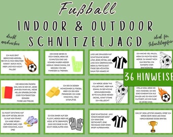 May include: A set of 36 printable clues for a football-themed indoor or outdoor scavenger hunt. The clues are printed on green cards with illustrations of football equipment and players. The text on the cards is in German.