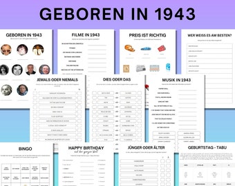 80 Geburtstagsspiel Geboren in 1943 Spiele Bundle | Druckbares 80 Jahre Geburtstag Party Spiel | 1943 Geburtstag Quiz Spiel, Bingo, Quiz