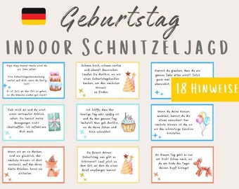 Treasure hunt for children, home scavenger hunt template as PDF, ideal for any children's birthday party, tasks, puzzles to print out in German