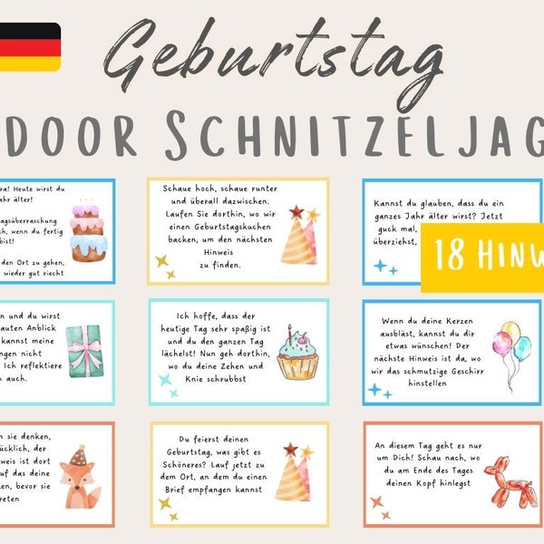 Treasure hunt for children, scavenger hunt at home template as PDF, ideal for every child's birthday party, tasks, puzzles to print out in German