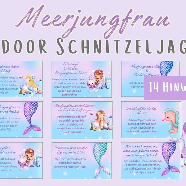 Speurtocht voor meisjes, in huis, zeemeermin-speurtocht binnenshuis, speurtocht om PDF af te drukken, schattenjacht voor kinderverjaardagsfeestjes