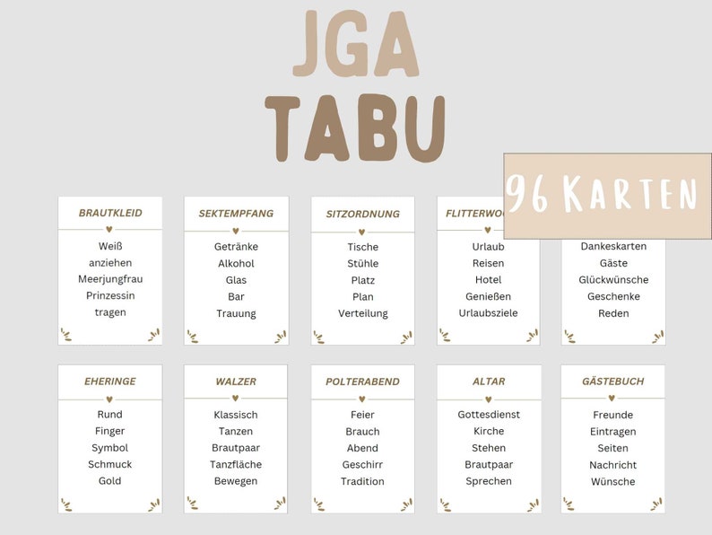 Junggesellenabschied Spiel Tabu Karten, JGA Tabu Spiel, Junggesellinnenabschied Frauen Spiel, Sofort-Download PDF Bild 1