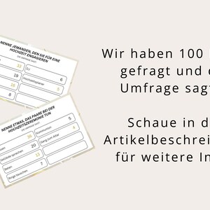 Peut inclure: Deux cartes blanches avec du texte noir et des lignes pour &eacute;crire. La carte du haut demande "Nommez quelqu'un que vous embaucherez pour un mariage." La carte du bas demande "Nommez quelque chose que les couples font lors d'une c&eacute;r&eacute;monie de mariage." Les cartes ont un fond de paillettes dor&eacute;es. Le texte "Nous avons interrog&eacute; 100 personnes et l'enqu&ecirc;te dit... Consultez la description du produit pour plus d'informations." est &eacute;crit en noir sur fond blanc.