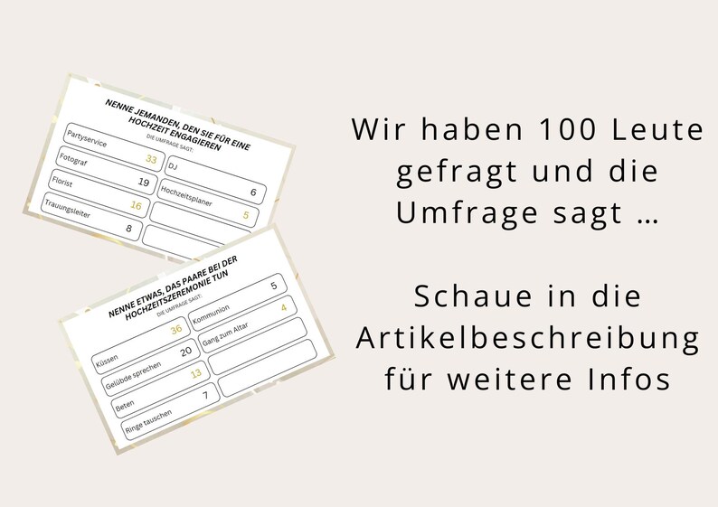 Peut inclure: Deux cartes blanches avec du texte noir et des lignes pour &eacute;crire. La carte du haut demande "Nommez quelqu'un que vous embaucherez pour un mariage." La carte du bas demande "Nommez quelque chose que les couples font lors d'une c&eacute;r&eacute;monie de mariage." Les cartes ont un fond de paillettes dor&eacute;es. Le texte "Nous avons interrog&eacute; 100 personnes et l'enqu&ecirc;te dit... Consultez la description du produit pour plus d'informations." est &eacute;crit en noir sur fond blanc.