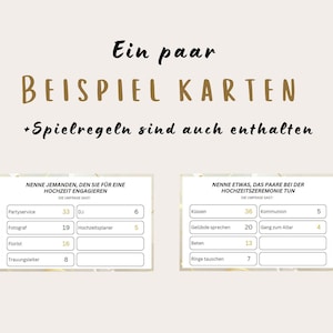 Peut inclure: Deux cartes de jeu imprimables avec un fond blanc et or. Les cartes sont pour un jeu de f&ecirc;te de mariage. La premi&egrave;re carte demande aux joueurs de nommer une personne qu'ils engageraient pour un mariage. La deuxi&egrave;me carte demande aux joueurs de nommer quelque chose qu'un couple fait lors d'une c&eacute;r&eacute;monie de mariage. Les cartes comprennent une liste d'options et des espaces pour que les joueurs inscrivent leurs r&eacute;ponses.