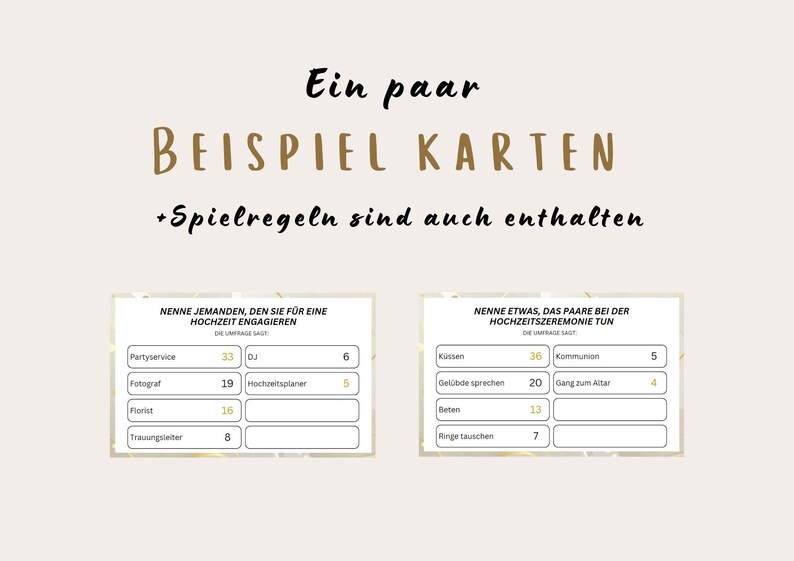 Peut inclure: Deux cartes de jeu imprimables avec un fond blanc et or. Les cartes sont pour un jeu de f&ecirc;te de mariage. La premi&egrave;re carte demande aux joueurs de nommer une personne qu'ils engageraient pour un mariage. La deuxi&egrave;me carte demande aux joueurs de nommer quelque chose qu'un couple fait lors d'une c&eacute;r&eacute;monie de mariage. Les cartes comprennent une liste d'options et des espaces pour que les joueurs inscrivent leurs r&eacute;ponses.