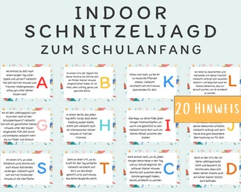 May include: A colorful set of 20 clues for a scavenger hunt, with each clue printed on a separate card. The cards are decorated with a variety of summer-themed illustrations, including ice cream cones, beach umbrellas, and seashells. The clues are written in German and are numbered from A to T.