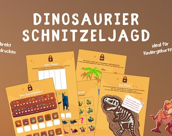 Dinosaur scavenger hunt for kids, dinosaur treasure hunt, dinosaur birthday party idea, escape room for kids, puzzles and questions PDF