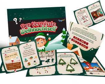 Pode incluir: Um jogo de tabuleiro com tema natalino com vários cartões e ilustrações. A caixa principal do jogo apresenta o título "Der Vermisste Weihnachtself" com uma ilustração de um elfo. Os cartões exibem quebra-cabeças, imagens e texto.