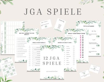 JGA-spellenset voor vrouwen, 12 bewerkbare JGA-spellen, aanpasbaar vrijgezellenfeestspel, bruidsdouche, sjabloon in DIN A4