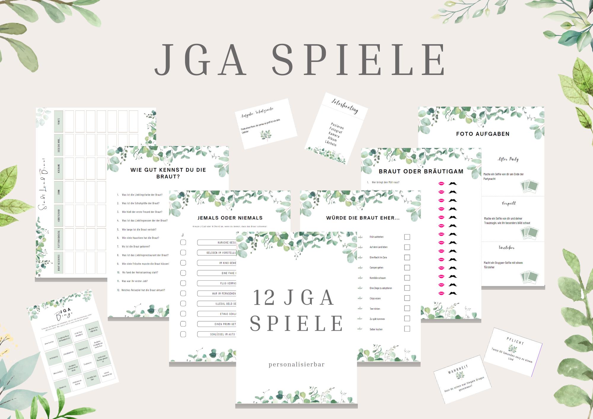 JGA games set for women, 12 editable JGA games, personalizable hen party game, bridal shower, template in DIN A4