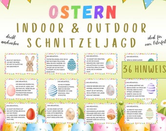 Schnitzeljagd für Ostern, Eiersuche für Kinder, Ostern Schatzsuche drinnen und draußen, Schnitzeljagd zum Ausdrucken PDF